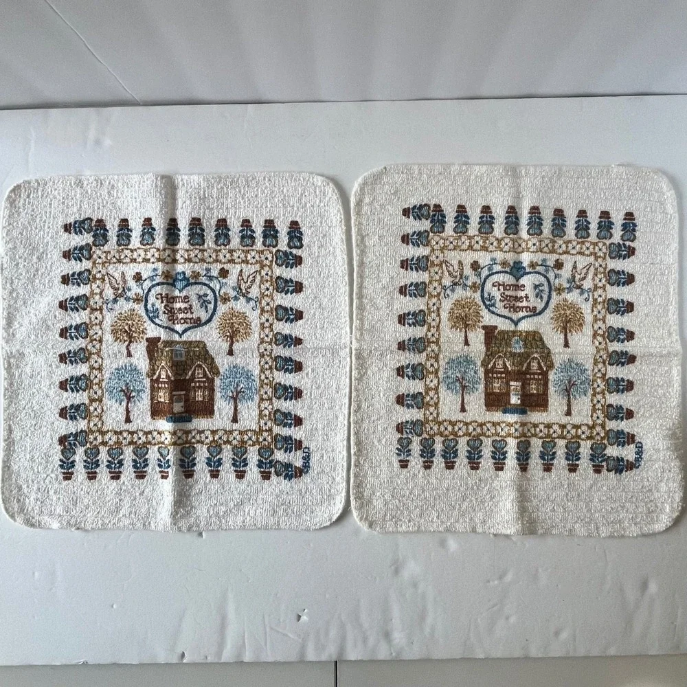 Vintage Home Sweet Home Washcloth Set of 2 Cotton Terry Towels Cottagecore B&D
